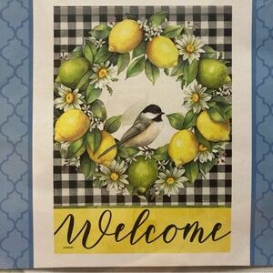 Outdoor Garden Flag Double Sided Welcome Bird Wreath Flowers Lemon Lime